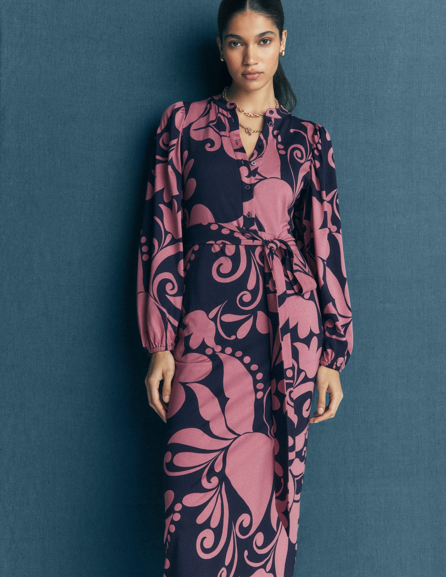 Eli Belted Jersey Midi Dress-Pink Heather, Floral Breeze