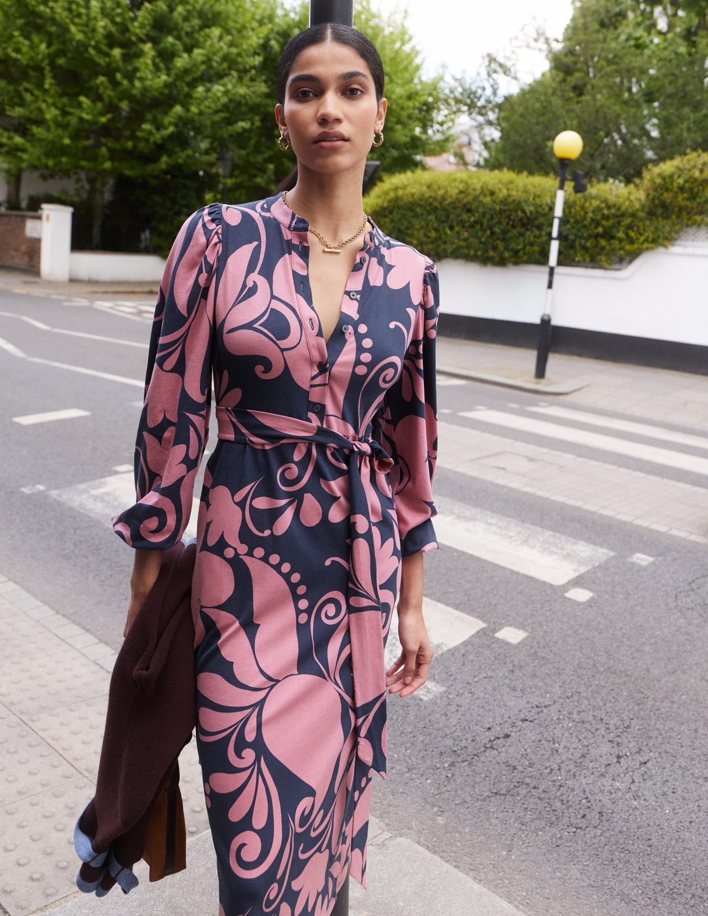 Eli Belted Jersey Midi Dress-Pink Heather, Floral Breeze