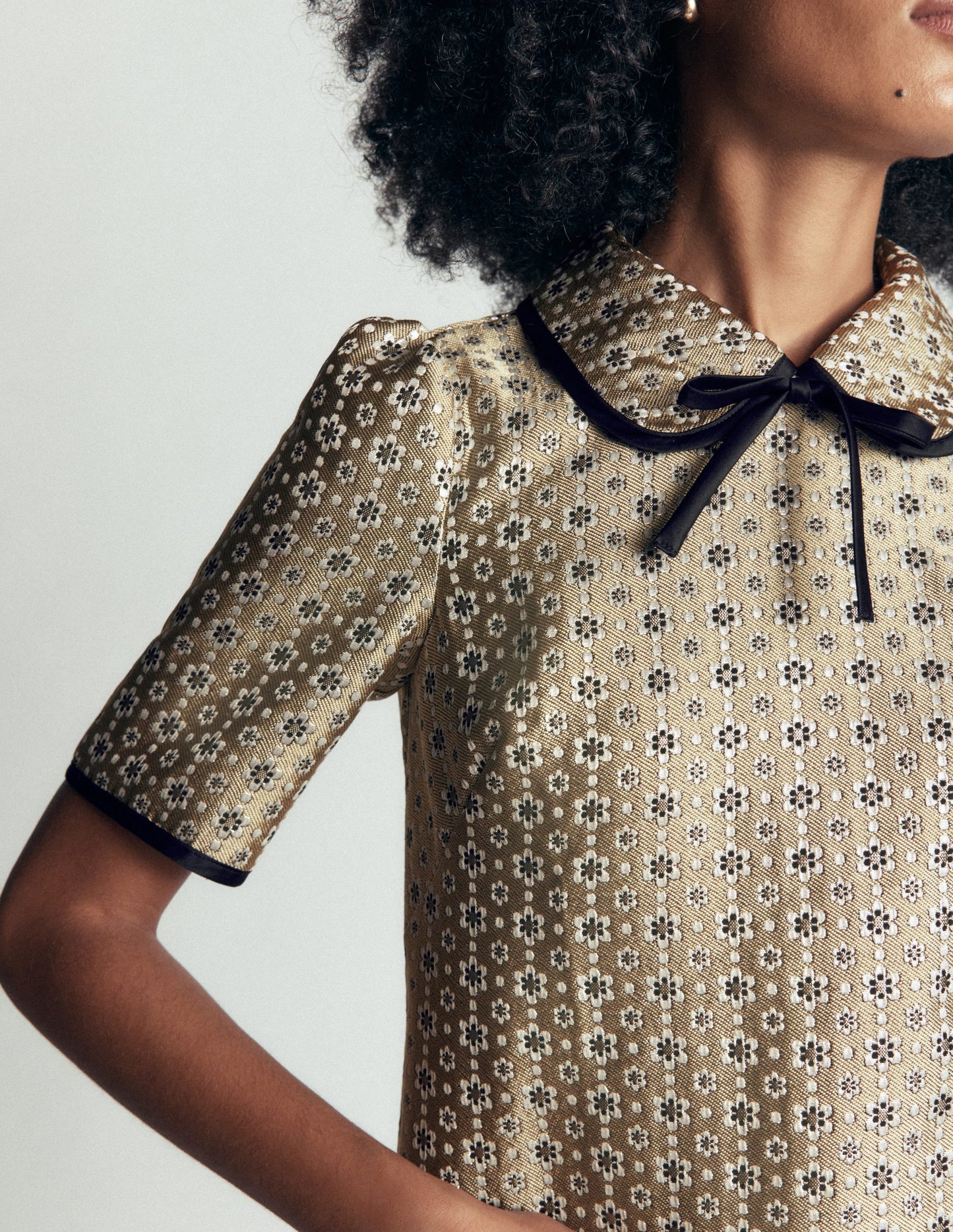 Bow Detail Pocket Shift Dress-Gold Jacquard