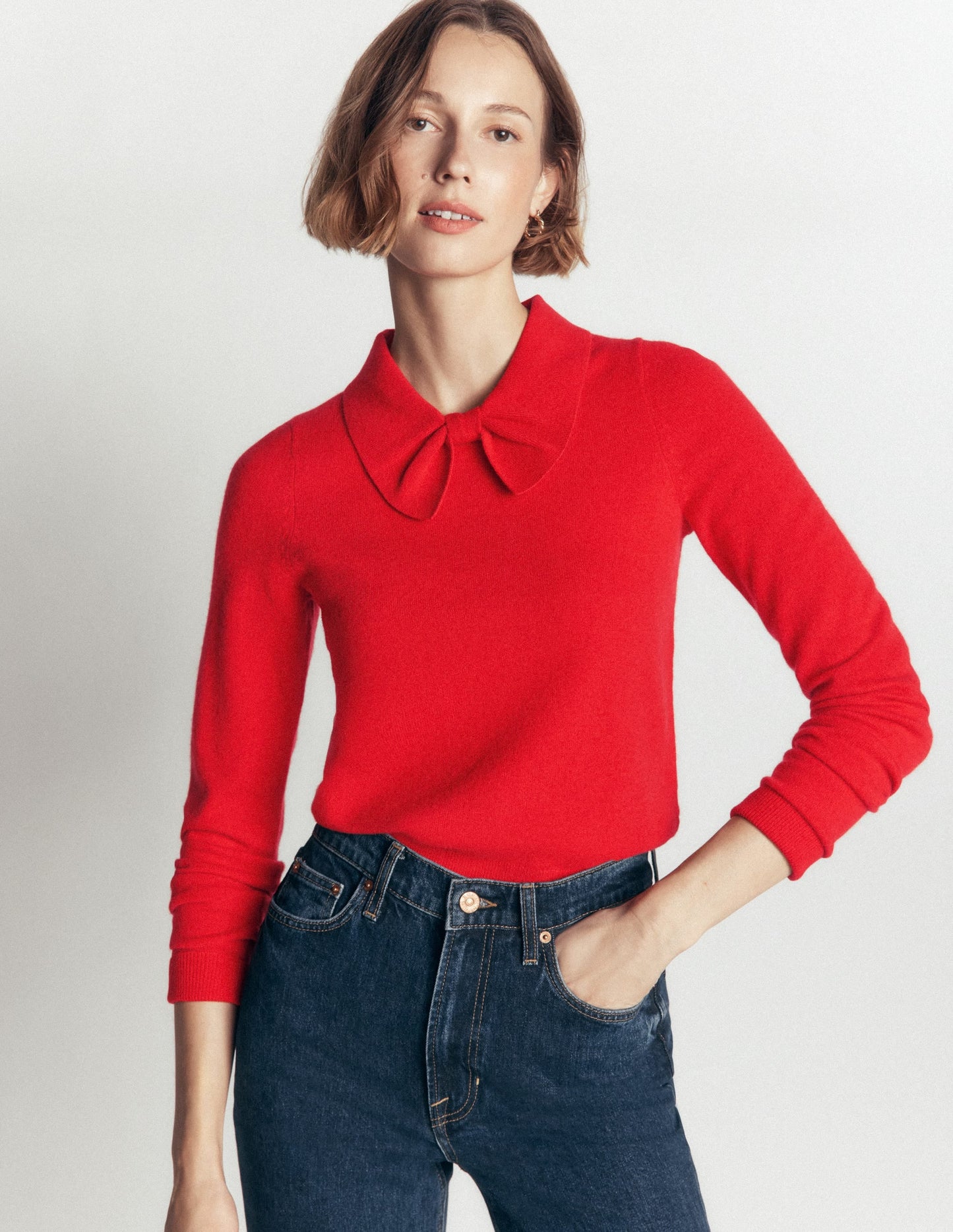 Bow Neck Knitted Jumper-Poppy Red