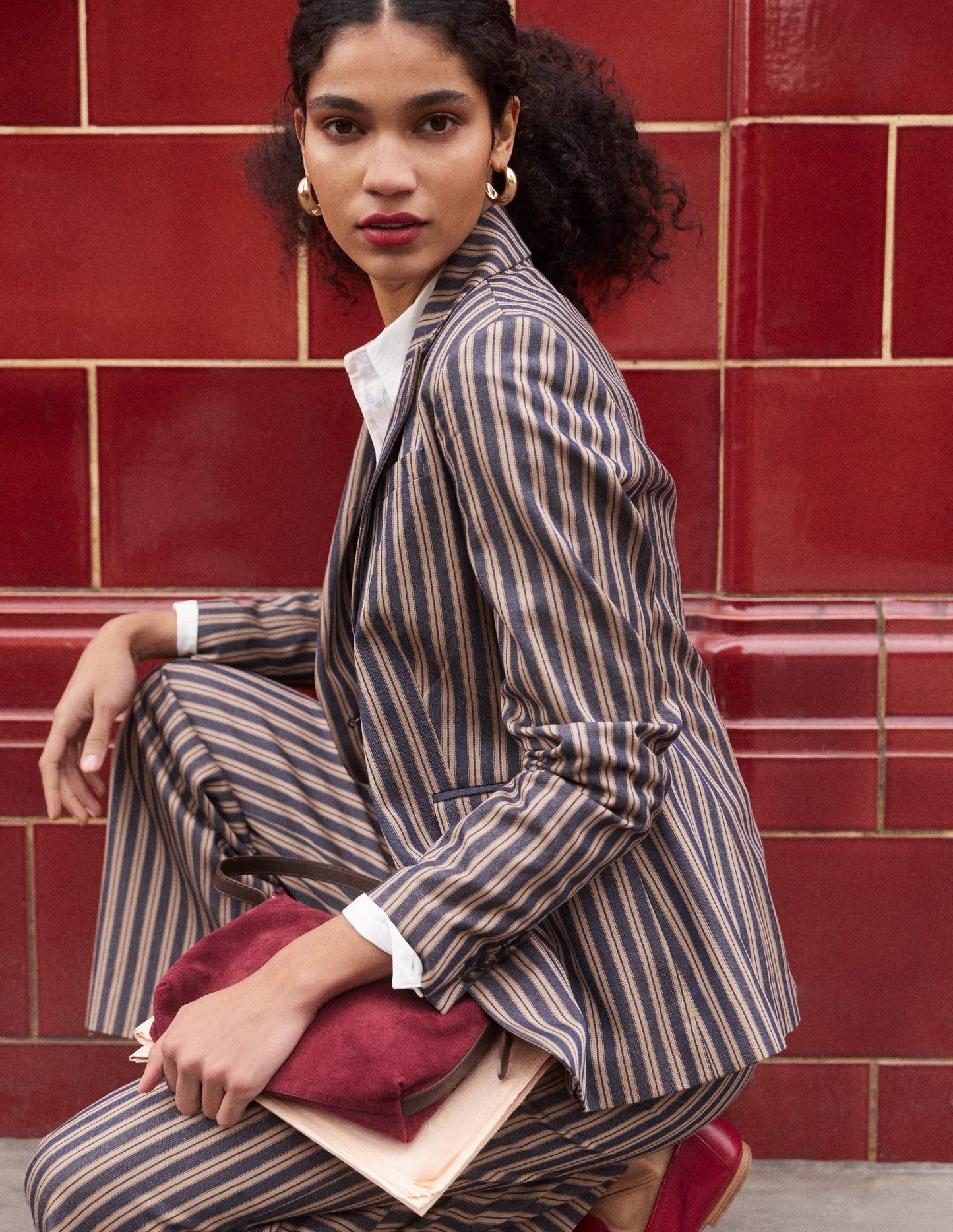 Belgravia Tailored Trousers-Navy, Camel Stripe