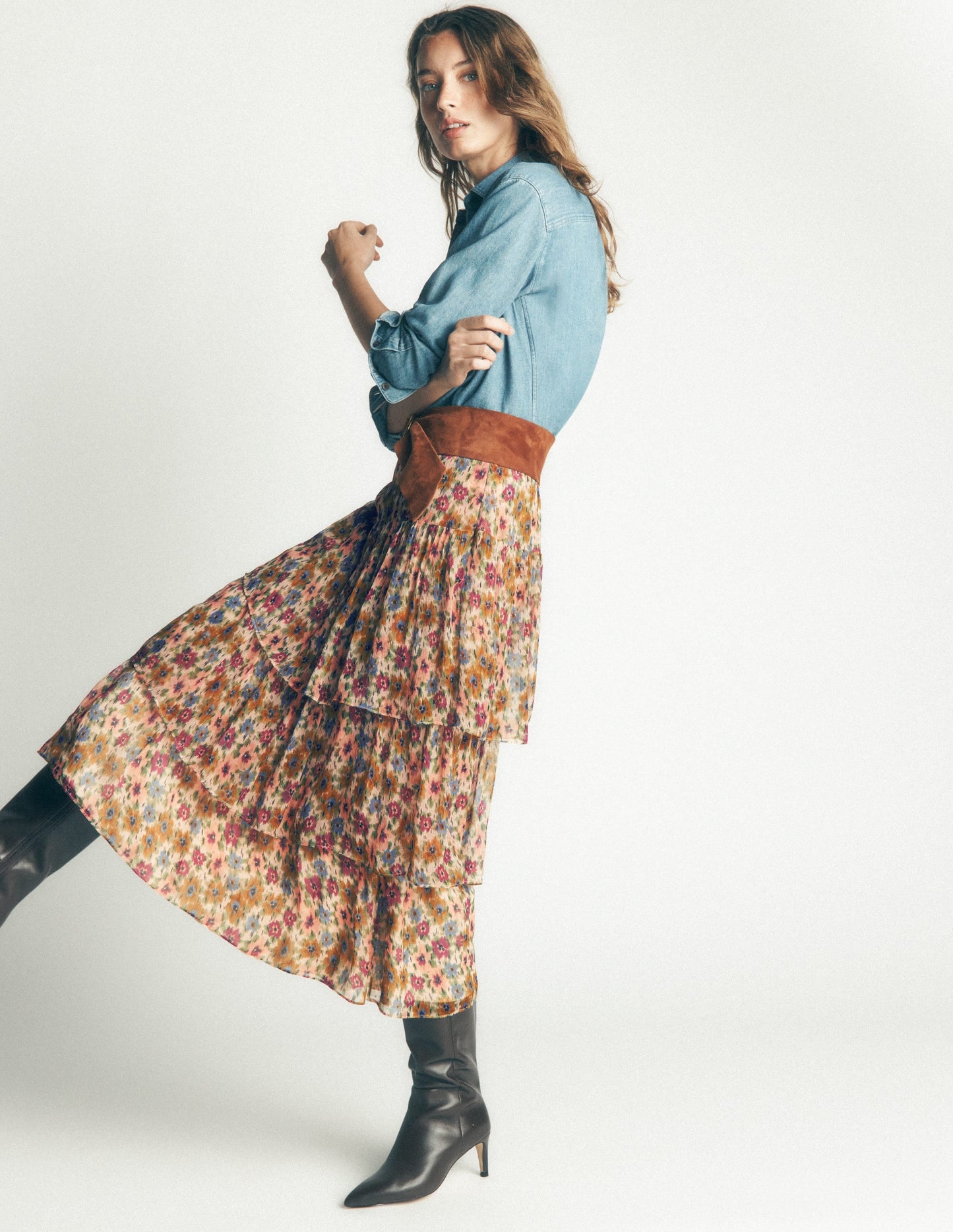 Tiered Ruffle Midi Skirt-Multi, Flecked Garden