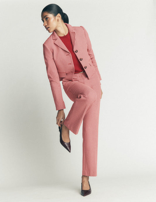 Canonbury Cotton 7/8 Trousers-Pink, Brown Puppytooth