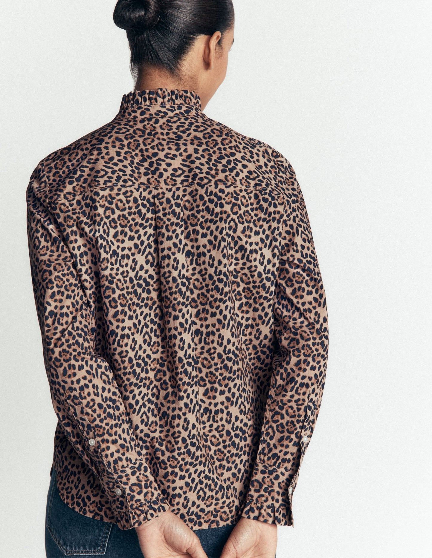 Sienna Frill Cotton Shirt-Demerara, Brushed Animal