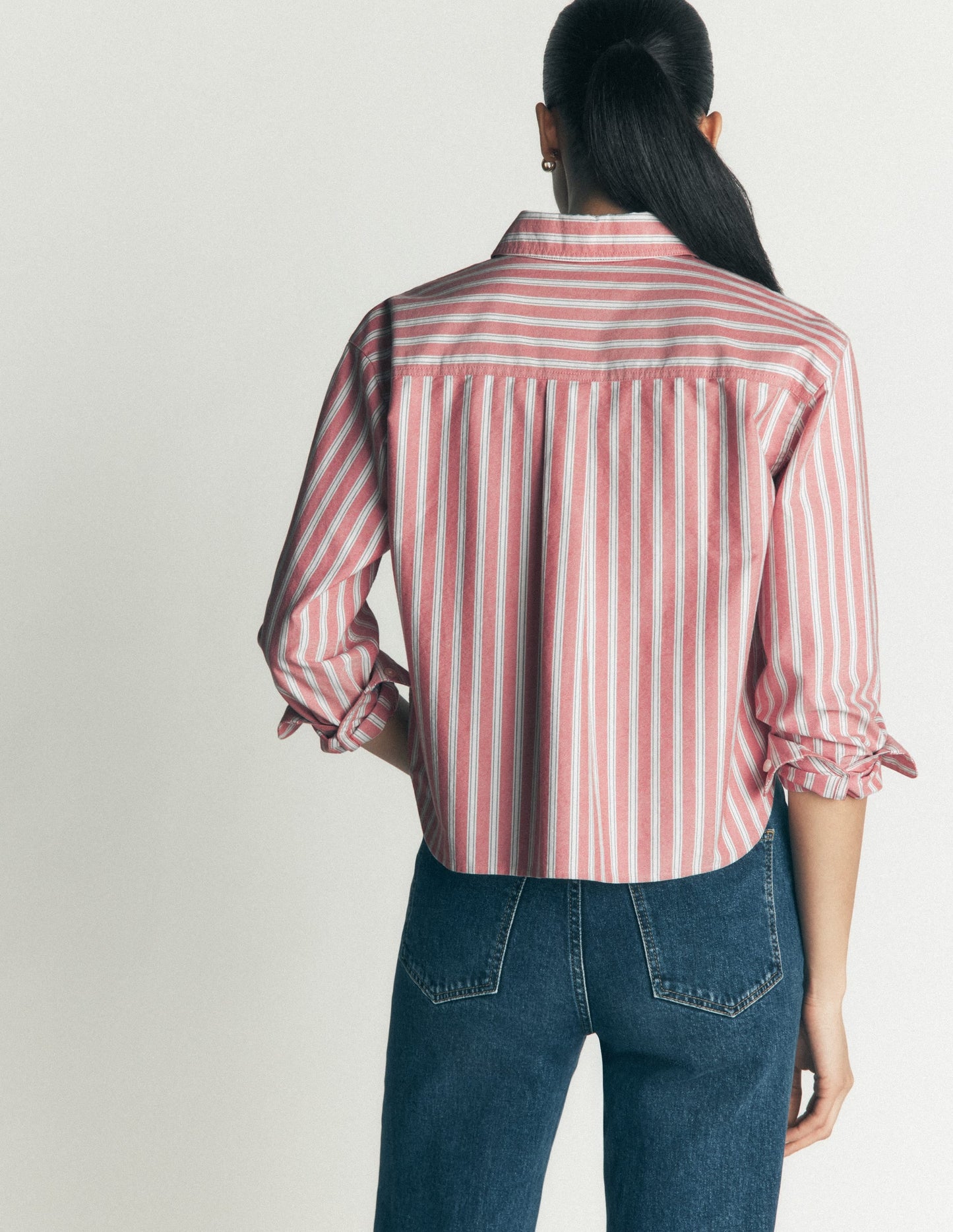 Sienna Cropped Cotton Shirt-Red, Navy Tram Stripe