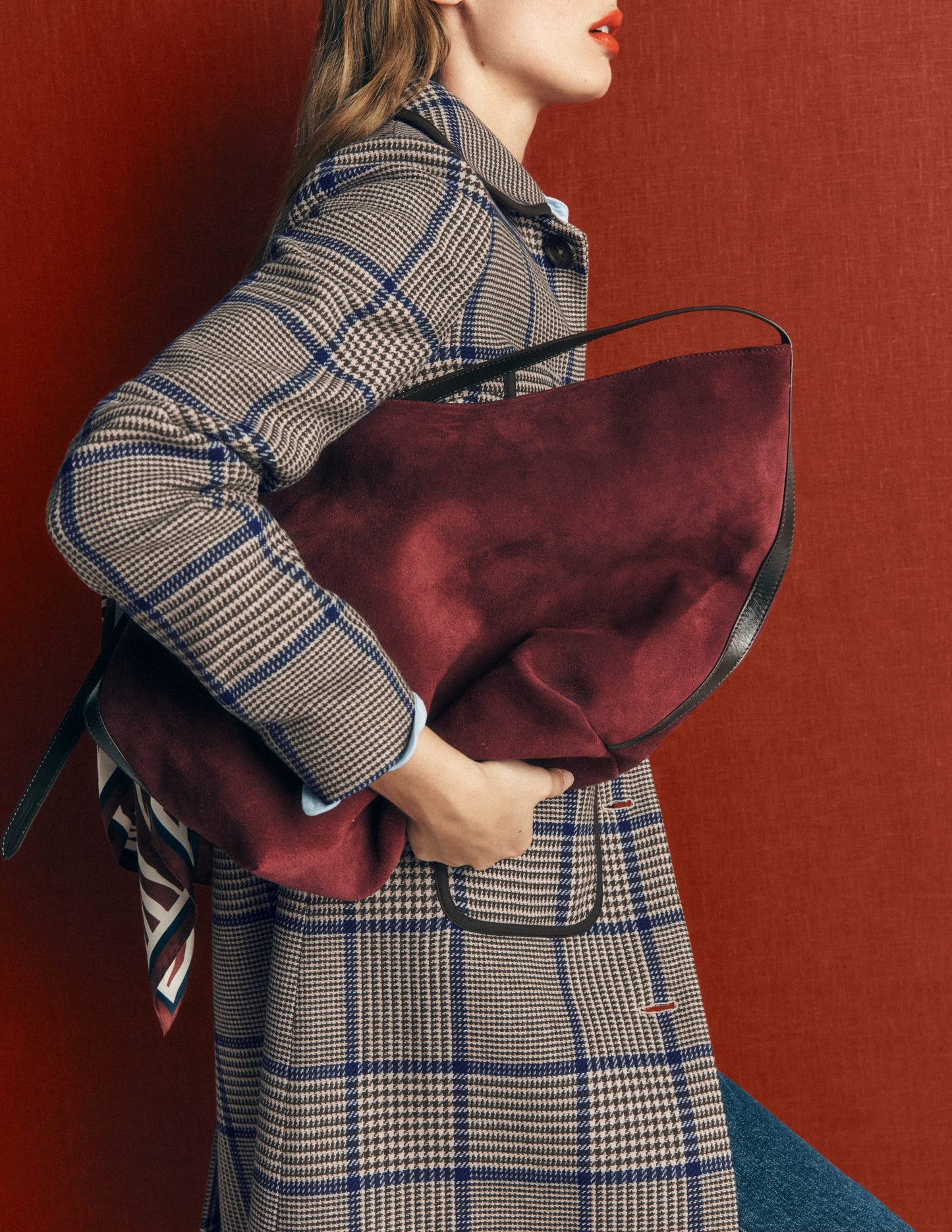 Patch Pocket Wool Blend Coat-Maroon, Teal Prince of Wales