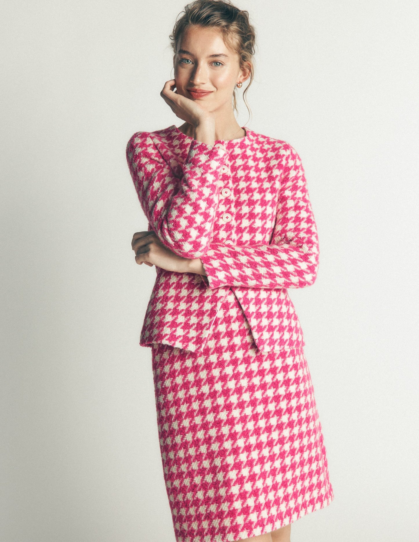 Collarless Wool Blend Blazer-Pink Dogstooth