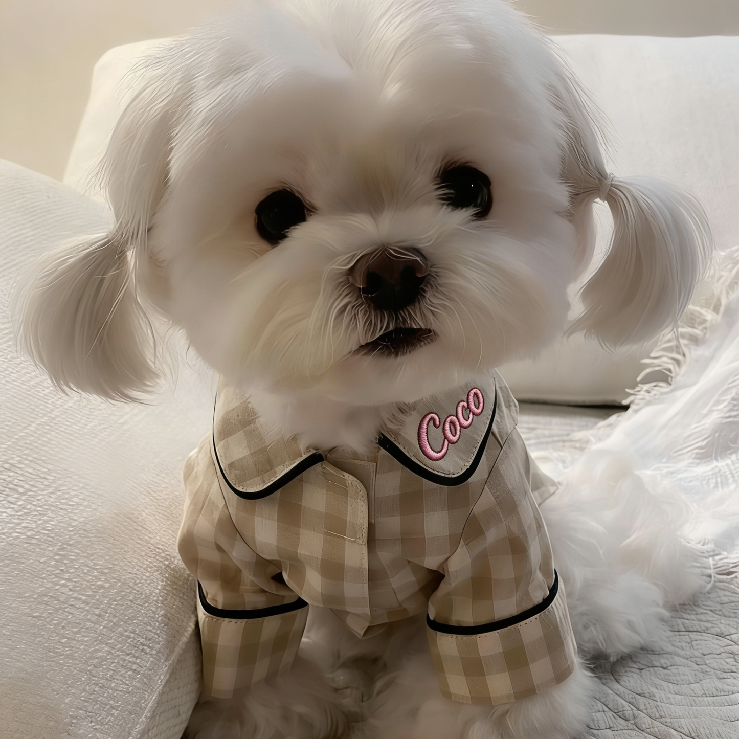 Pyjama à carreaux personnalisé brodé en coton et lin pour chien | inCloth70