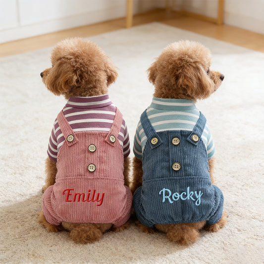Personalisierter bestickter Haustier-Overall mit Streifen und Namen | inCloth52