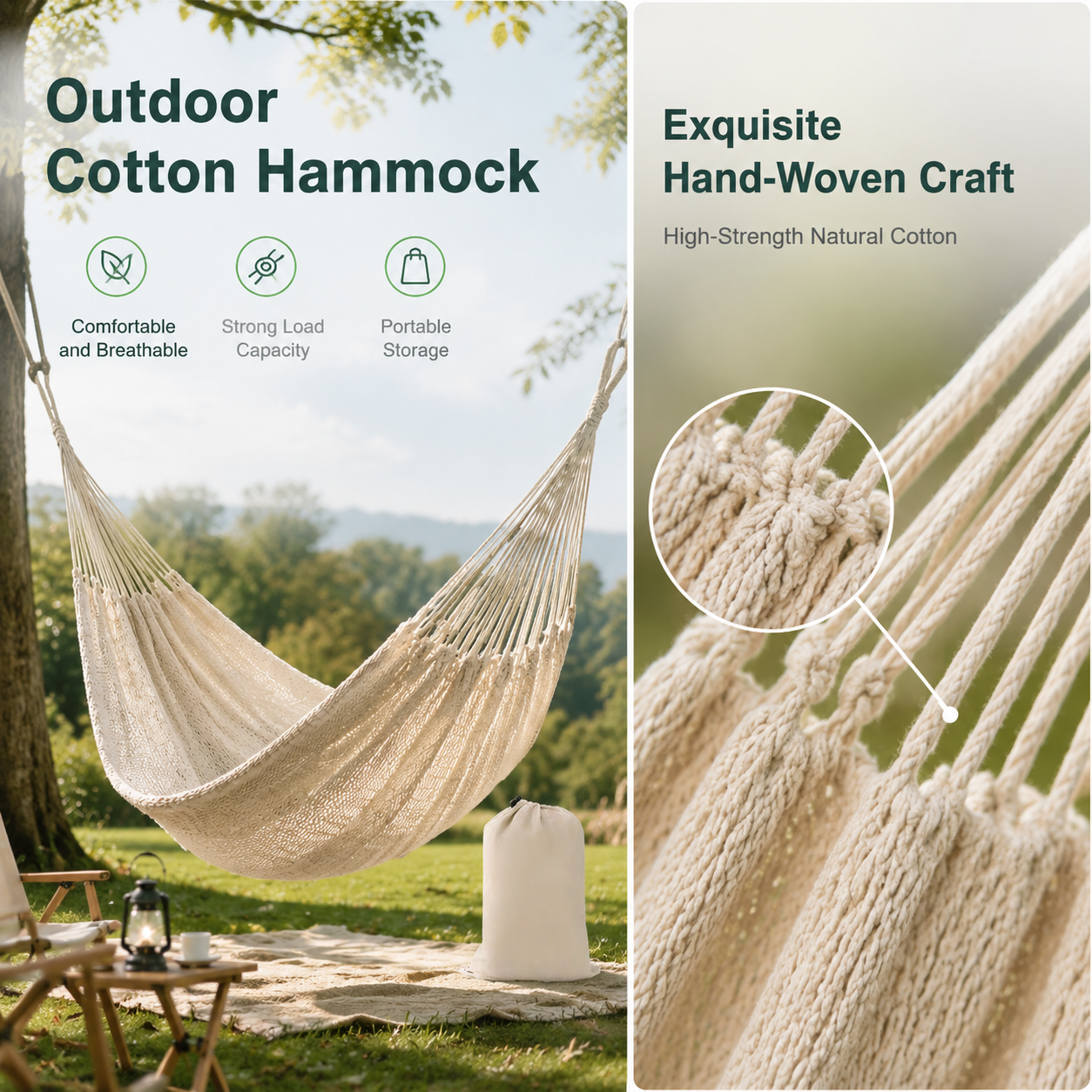 Double Cotton Hammock with Hand-Woven Design - Portable & Breathable